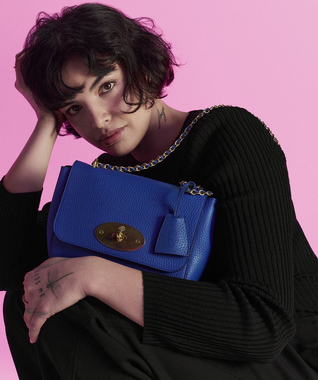 Model holding the Mulberry Lily bag in Pigment Blue